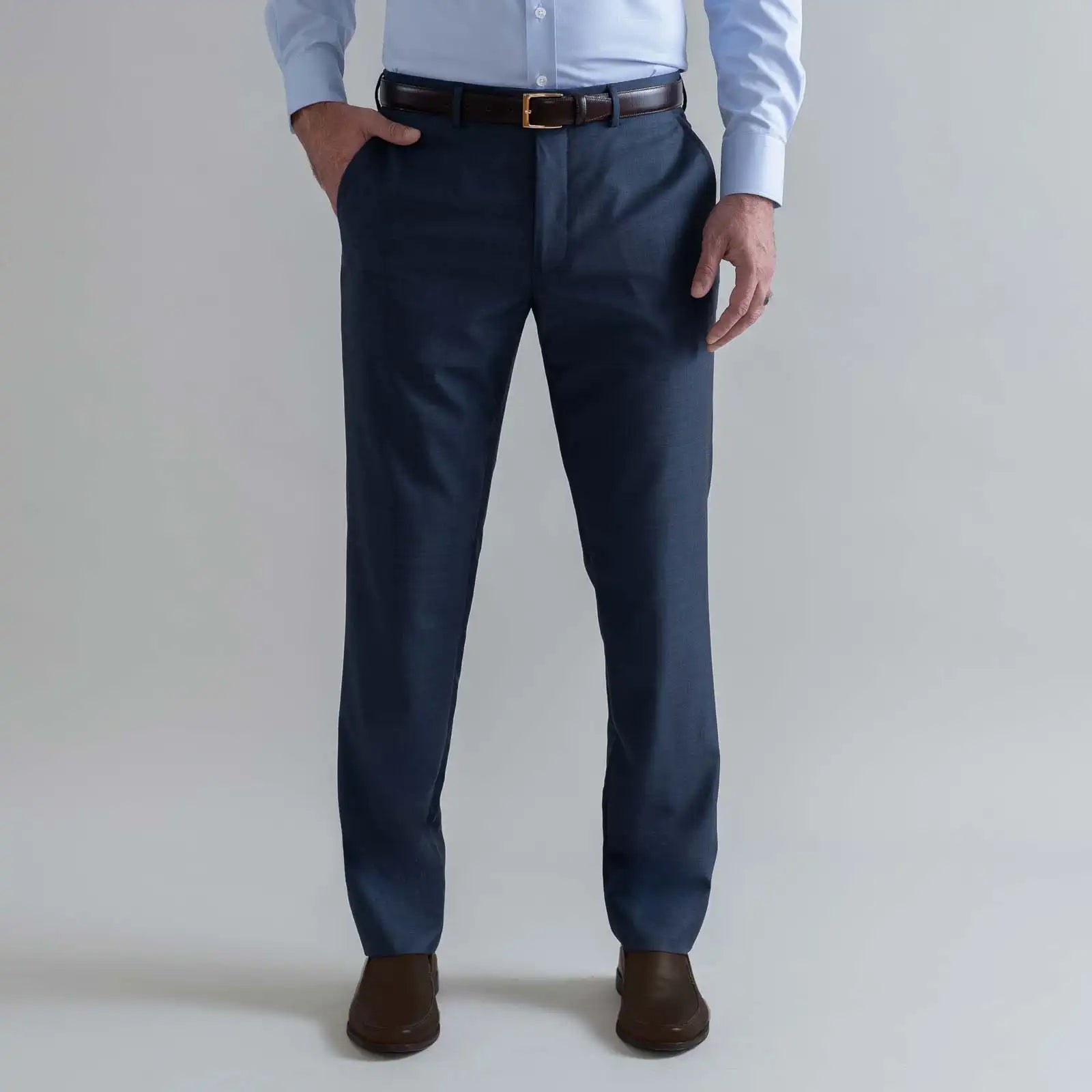 Ledbury Slate Blue Richmond Custom Dress Pant — full front view, 100% wool, made to order in your choice of waist size and inseam