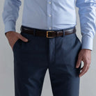 Ledbury Slate Blue Richmond Custom Dress Pant — waist close up, 100% wool dress pant twill fabric