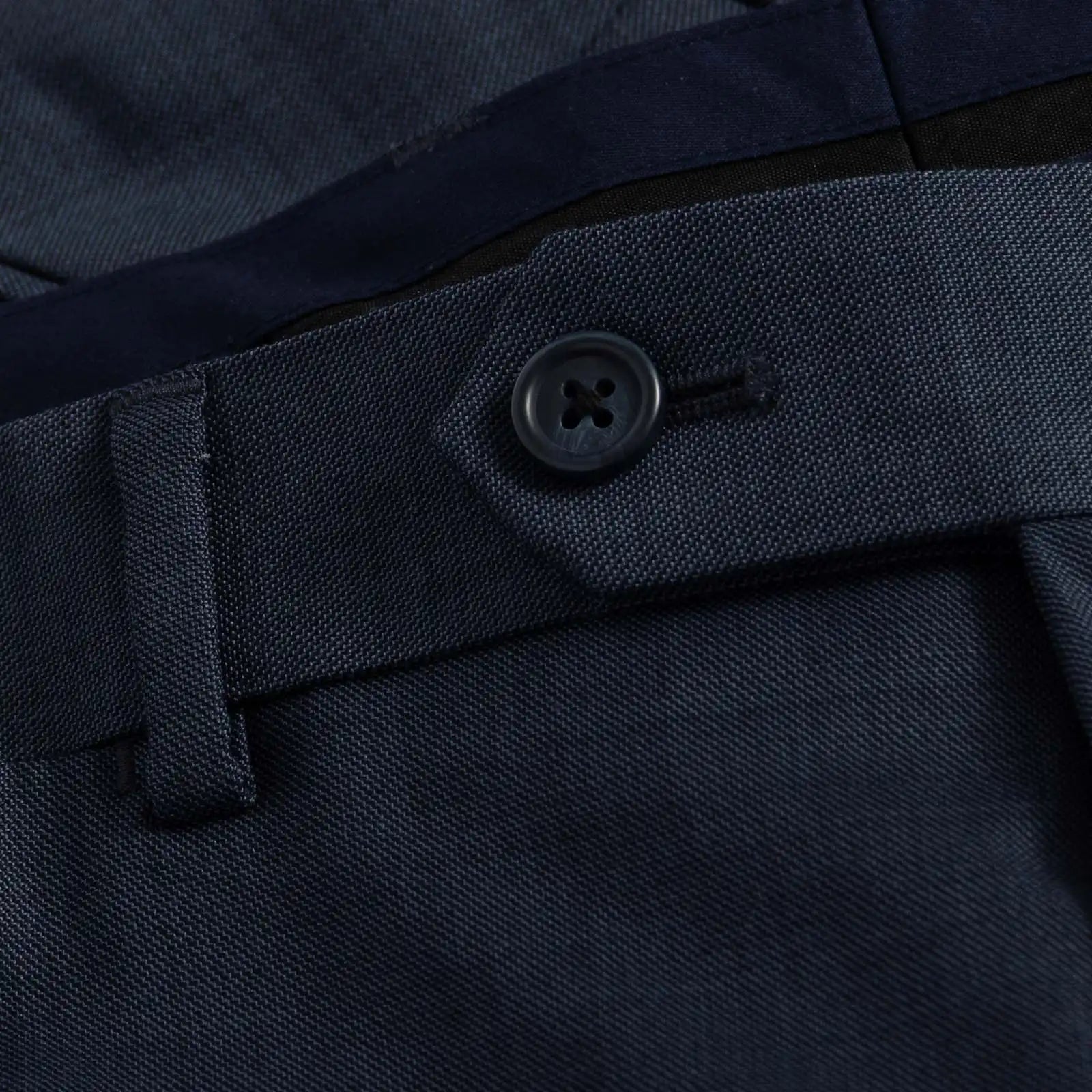 Ledbury Slate Blue Richmond Custom Dress Pant — extended front button closure detail