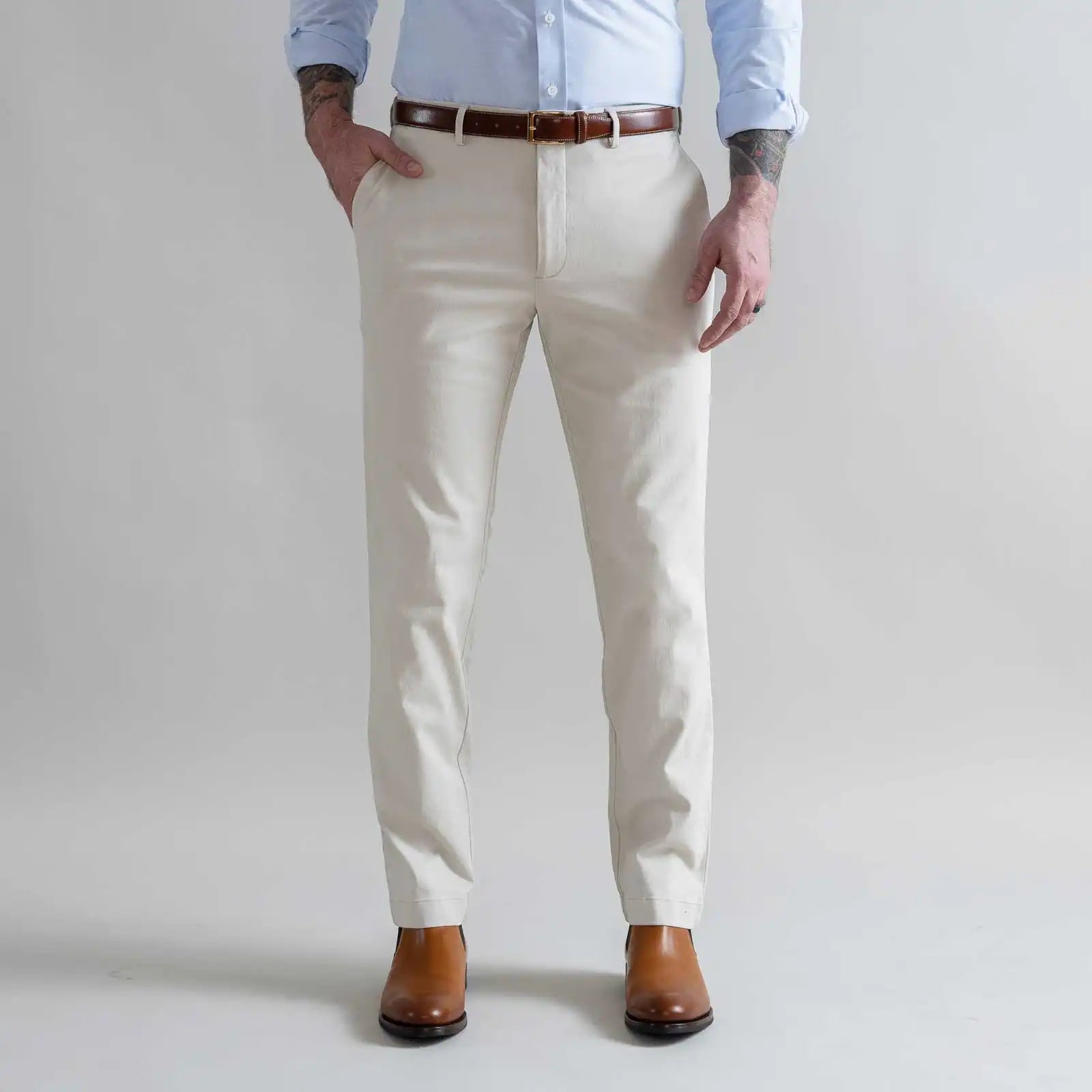 Ledbury Light Khaki Stretch Richmond Chino Custom Pant — full front view, made to order in your choice of waist size and inseam
