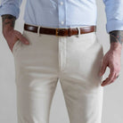 Ledbury Light Khaki Stretch Richmond Chino Custom Pant — fit detail showing modern, flattering cut