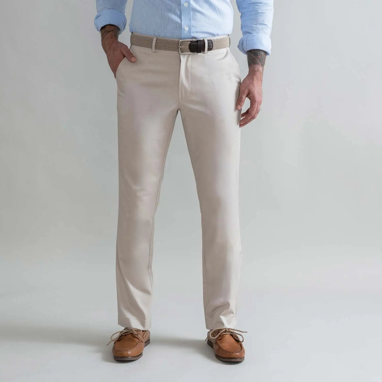 Tan Richmond Summer Chino custom pant - Ledbury front view on model
