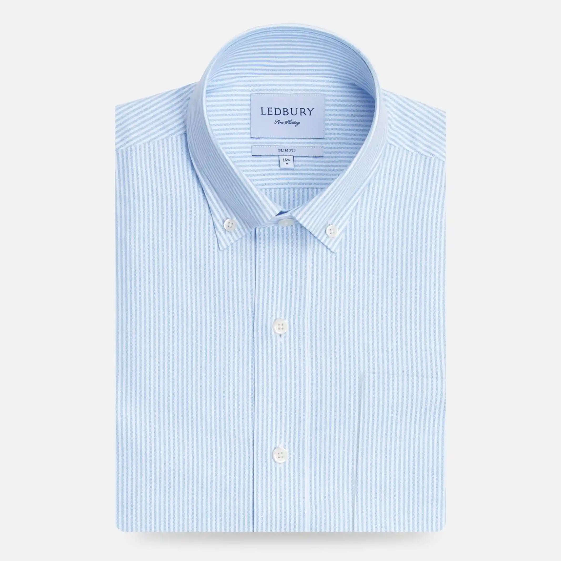 Light blue Mayfield oxford stripe custom dress shirt front view - Ledbury premium cotton