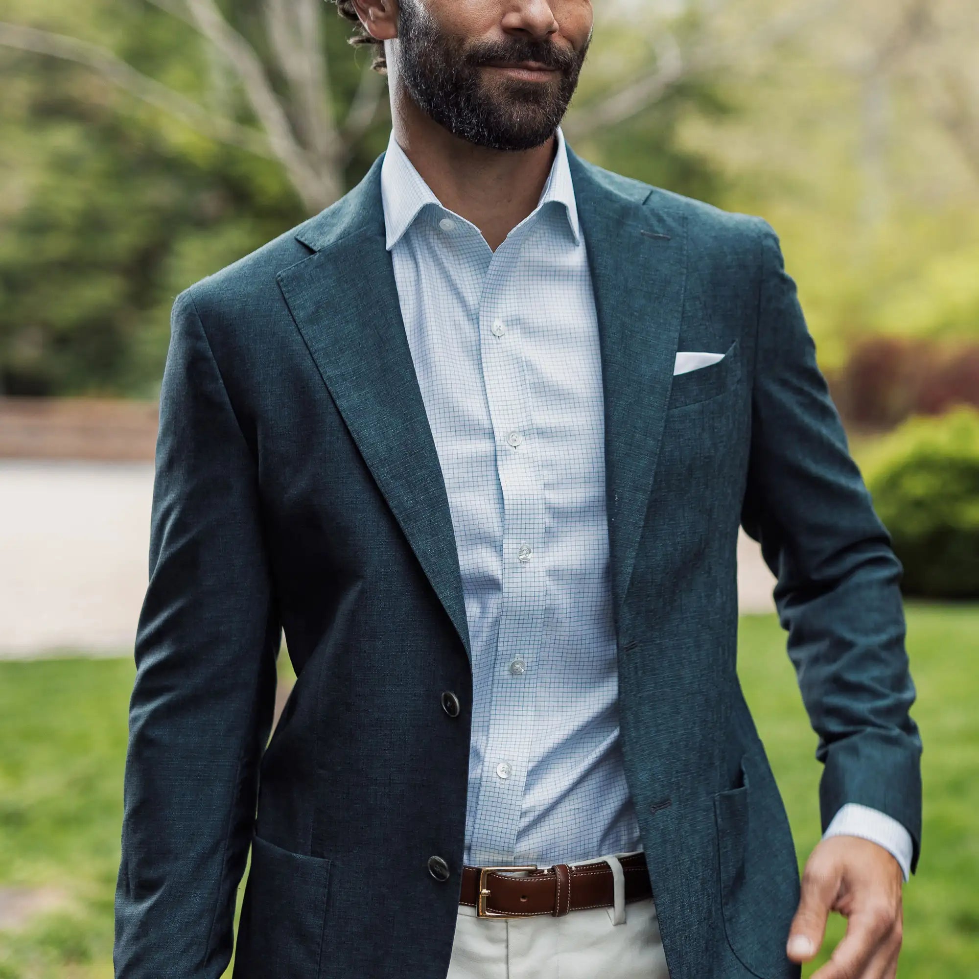 Kentland Check shirt with blue and green yarns - European-woven 100% cotton twill
