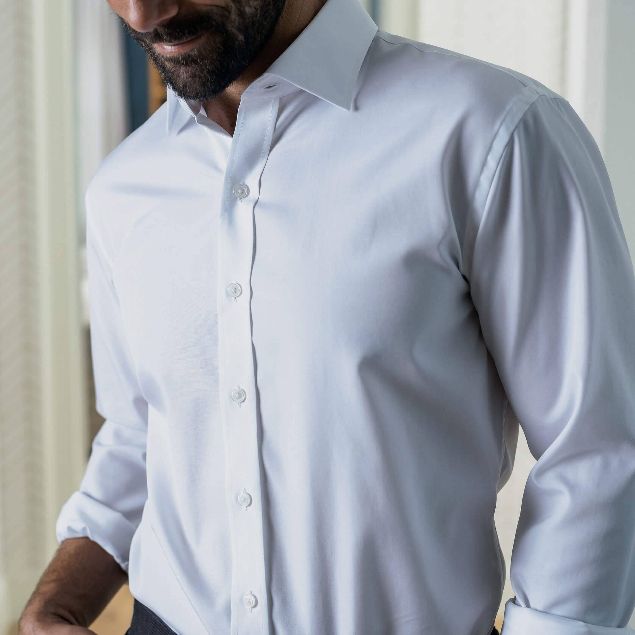 White fine twill shirt styled for business - wrinkle-resistant custom dress shirt