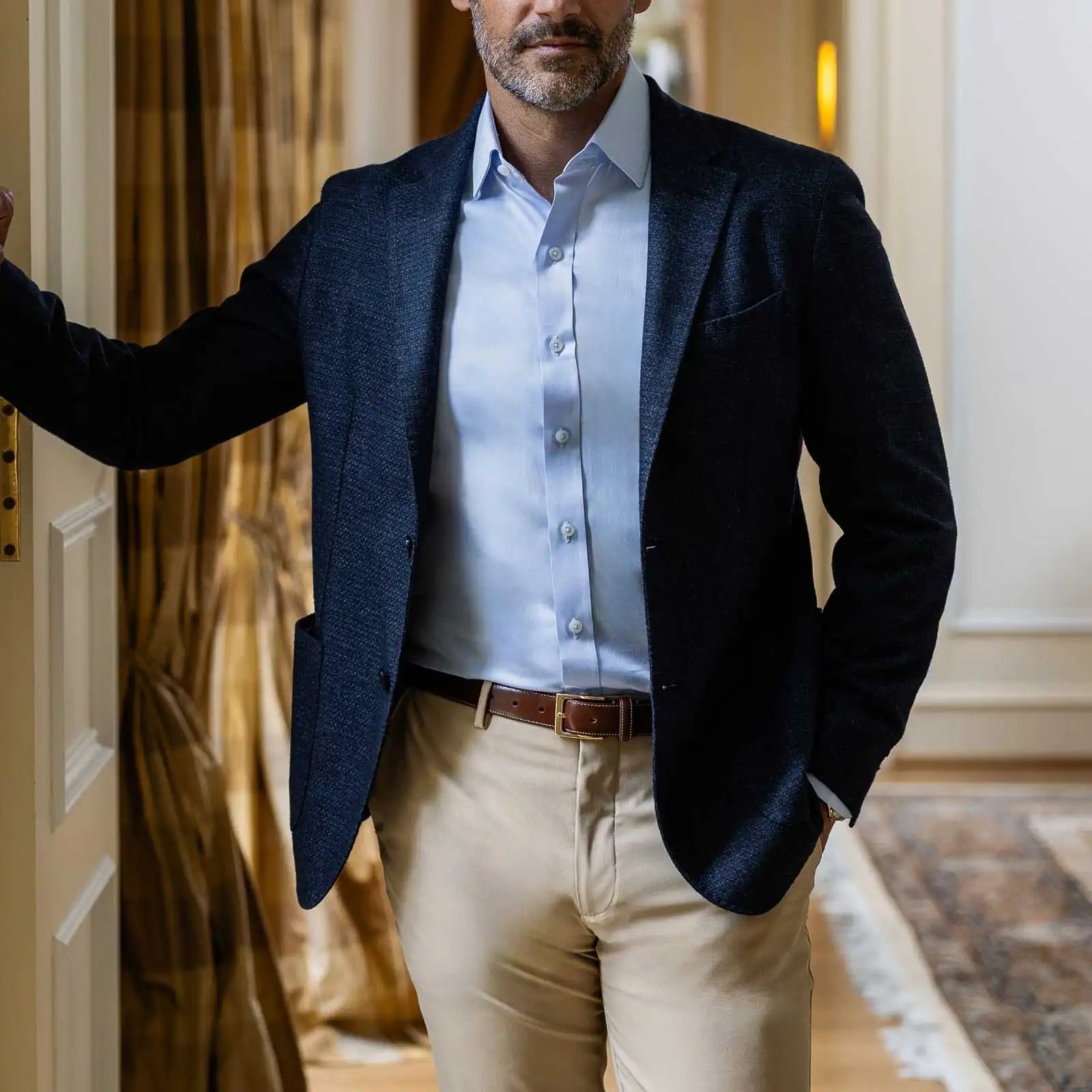 Blue fine twill shirt styled for business - wrinkle-resistant dress shirt