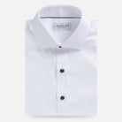 White non-iron dress shirt with navy buttons - wrinkle-free custom fit shirt