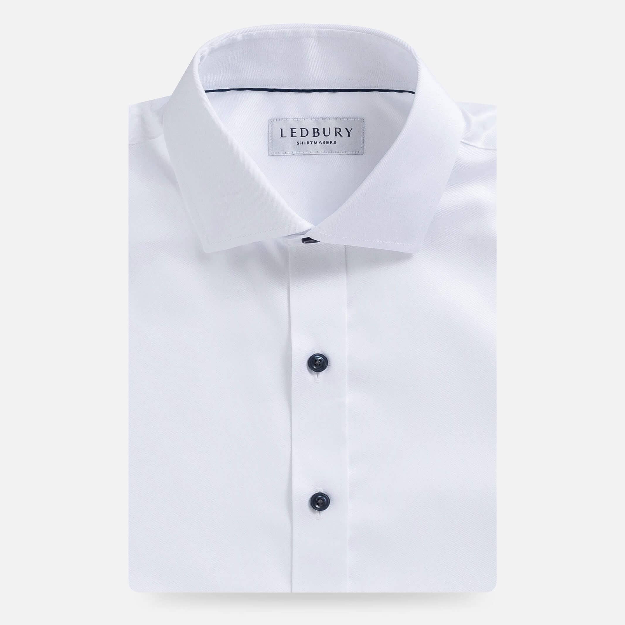 White non-iron dress shirt with navy buttons - wrinkle-free custom fit shirt