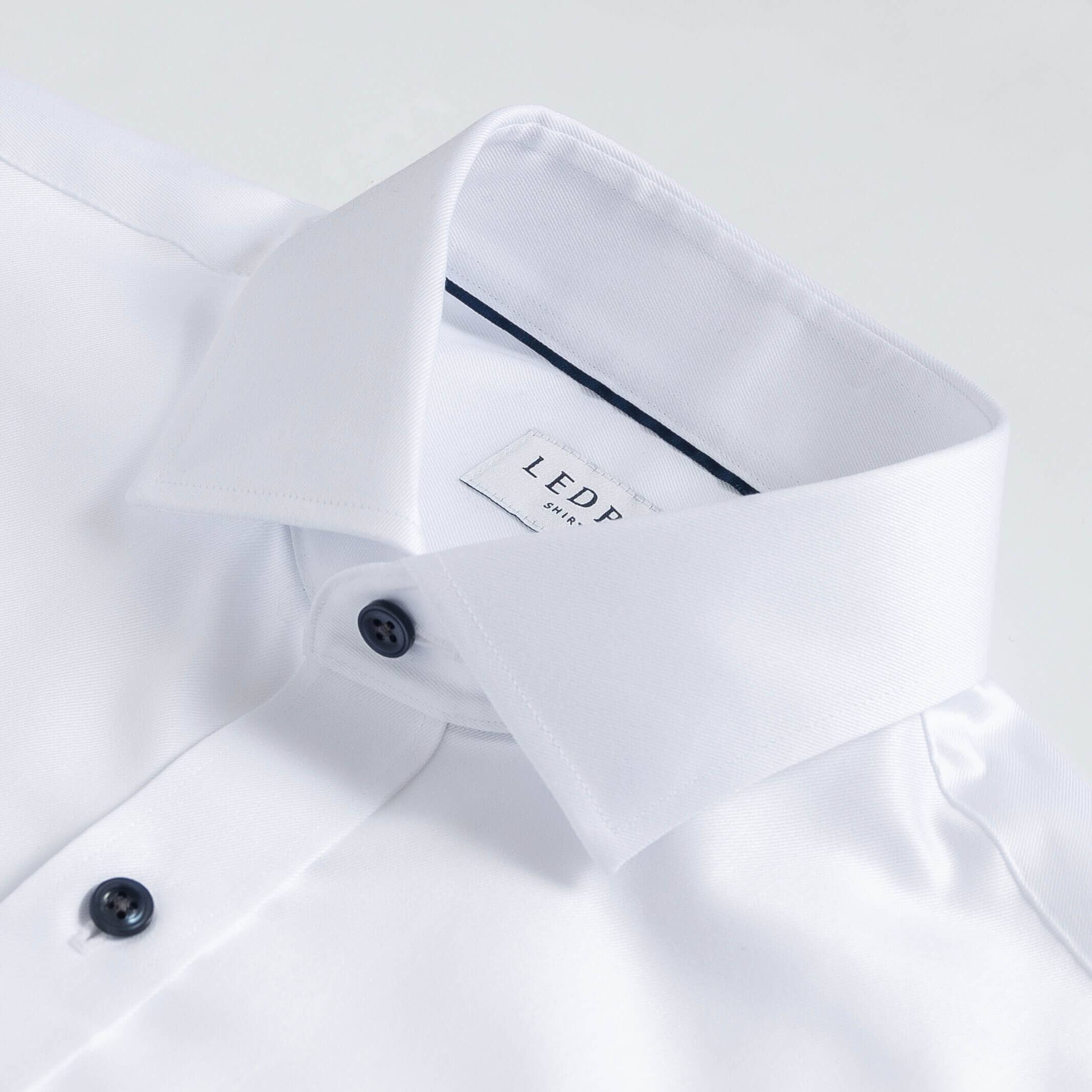 White dress shirt collar with navy buttons and piping - non-iron fine twill