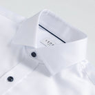 White dress shirt collar with navy buttons and piping - non-iron fine twill
