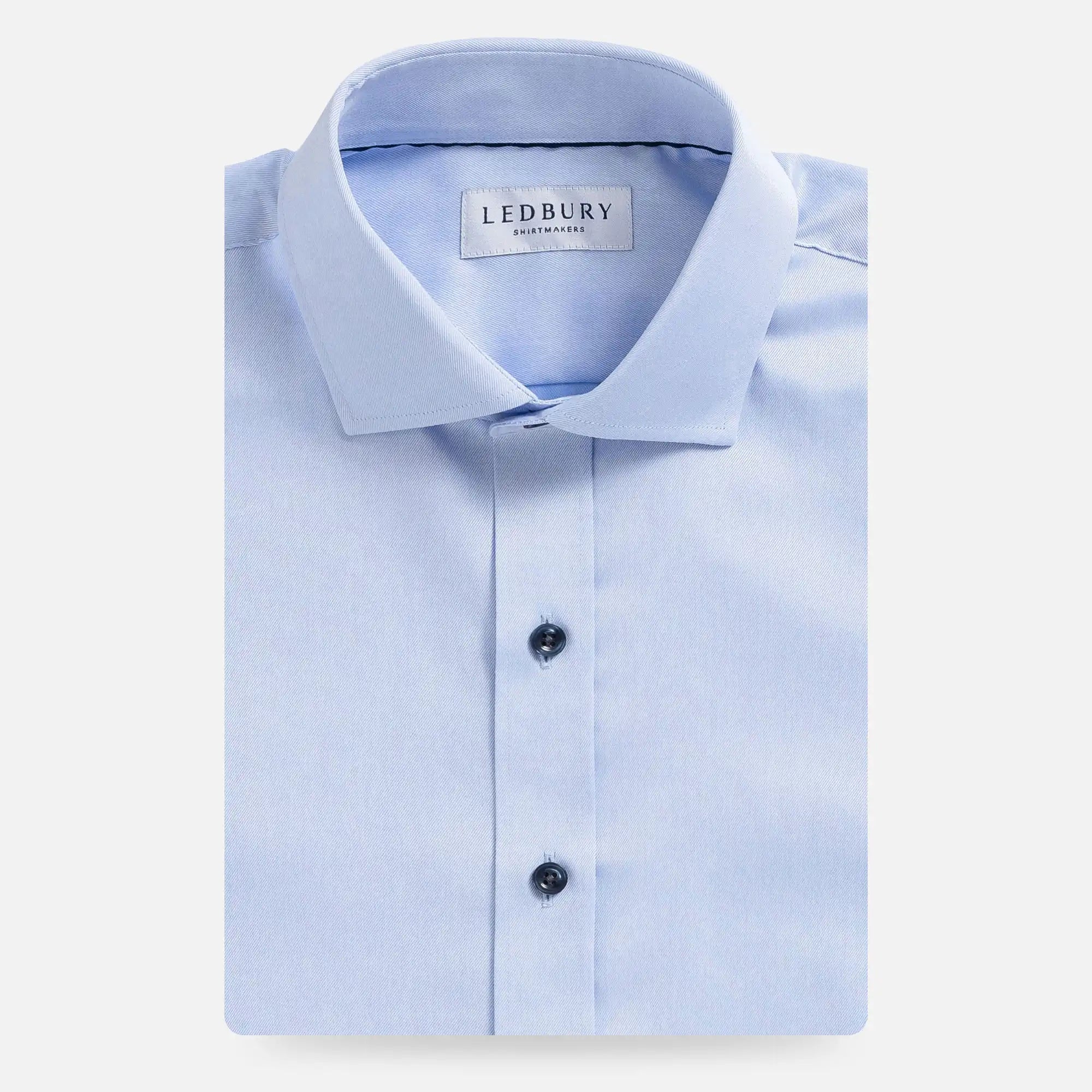 Light blue non-iron dress shirt with navy buttons - wrinkle-free custom fit
