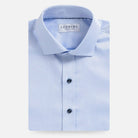 Light blue non-iron dress shirt with navy buttons - wrinkle-free custom fit