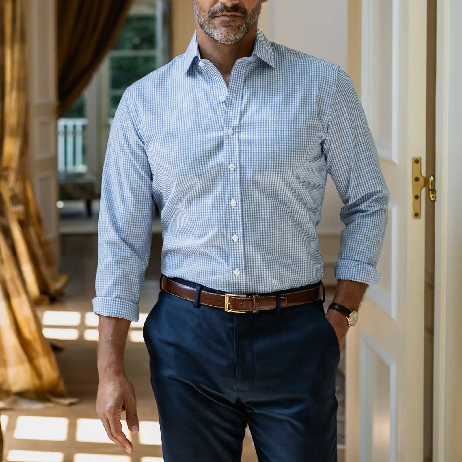 Custom fit gingham dress shirt lifestyle - guaranteed to fit perfectly
