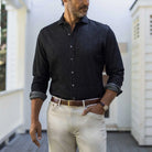 Man wearing washed black denim shirt - Ledbury Slater custom fit