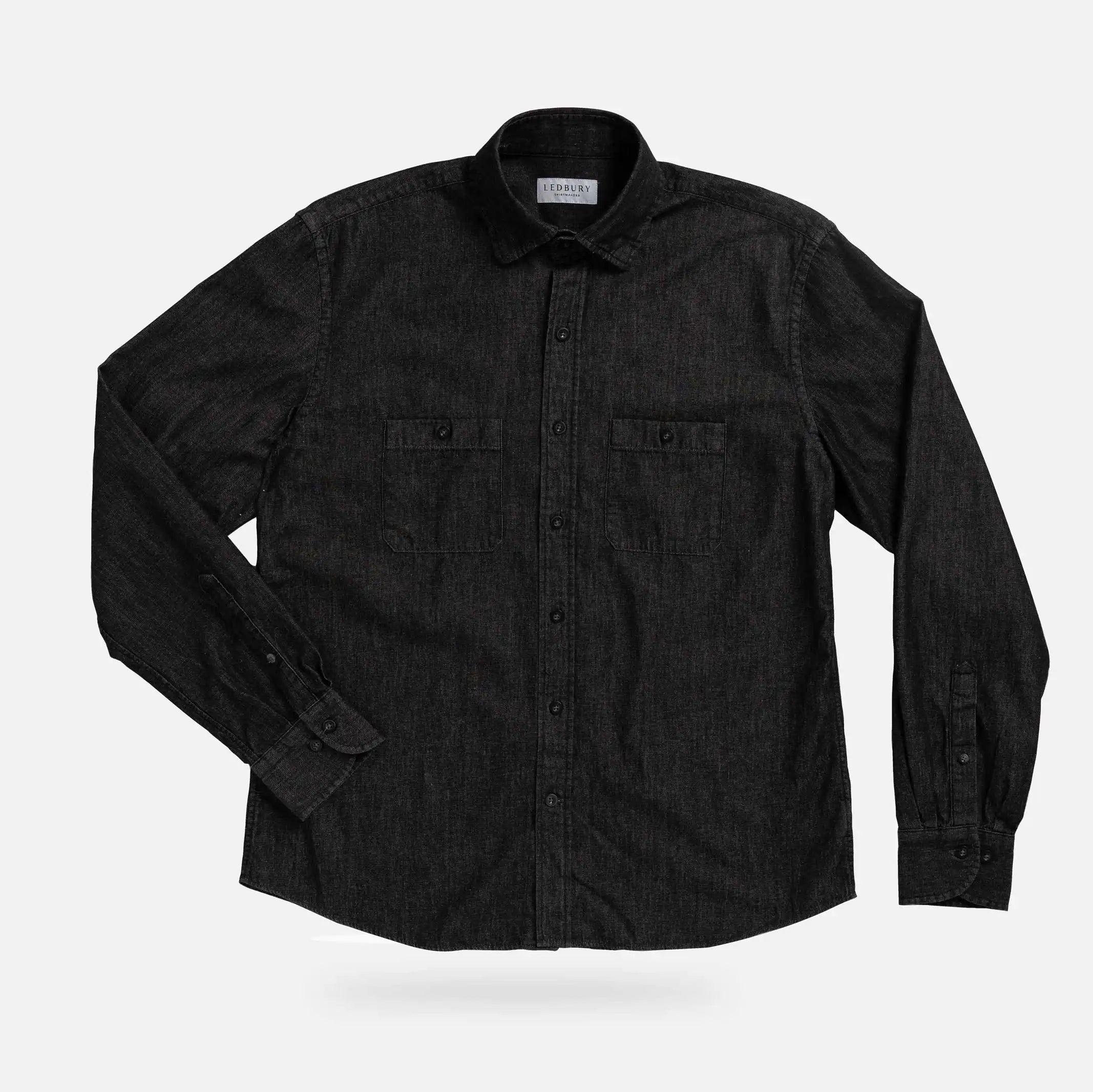 Washed black Slater denim utility shirt front view - 100% cotton custom casual shirt