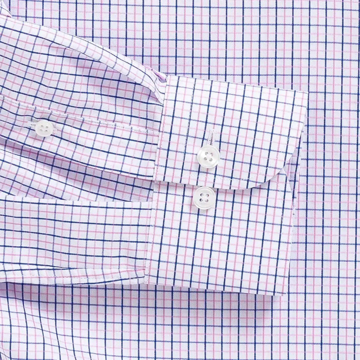 Custom dress shirt pink Hughes check pattern close-up