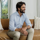 Man wearing Blue check dress shirt with midweight twill fabric