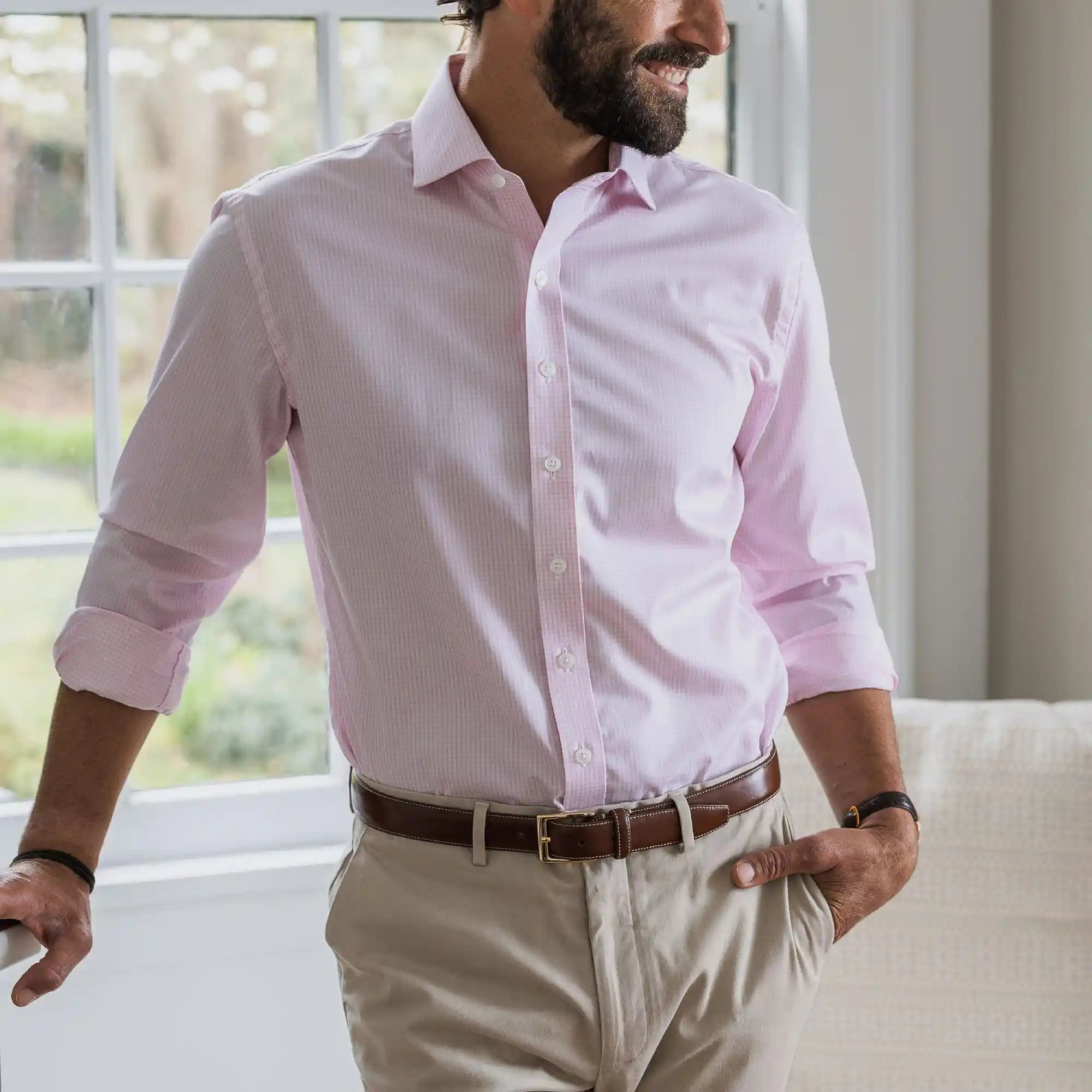 Man wearing pink gingham dress shirt - Kent micro-twill business shirt