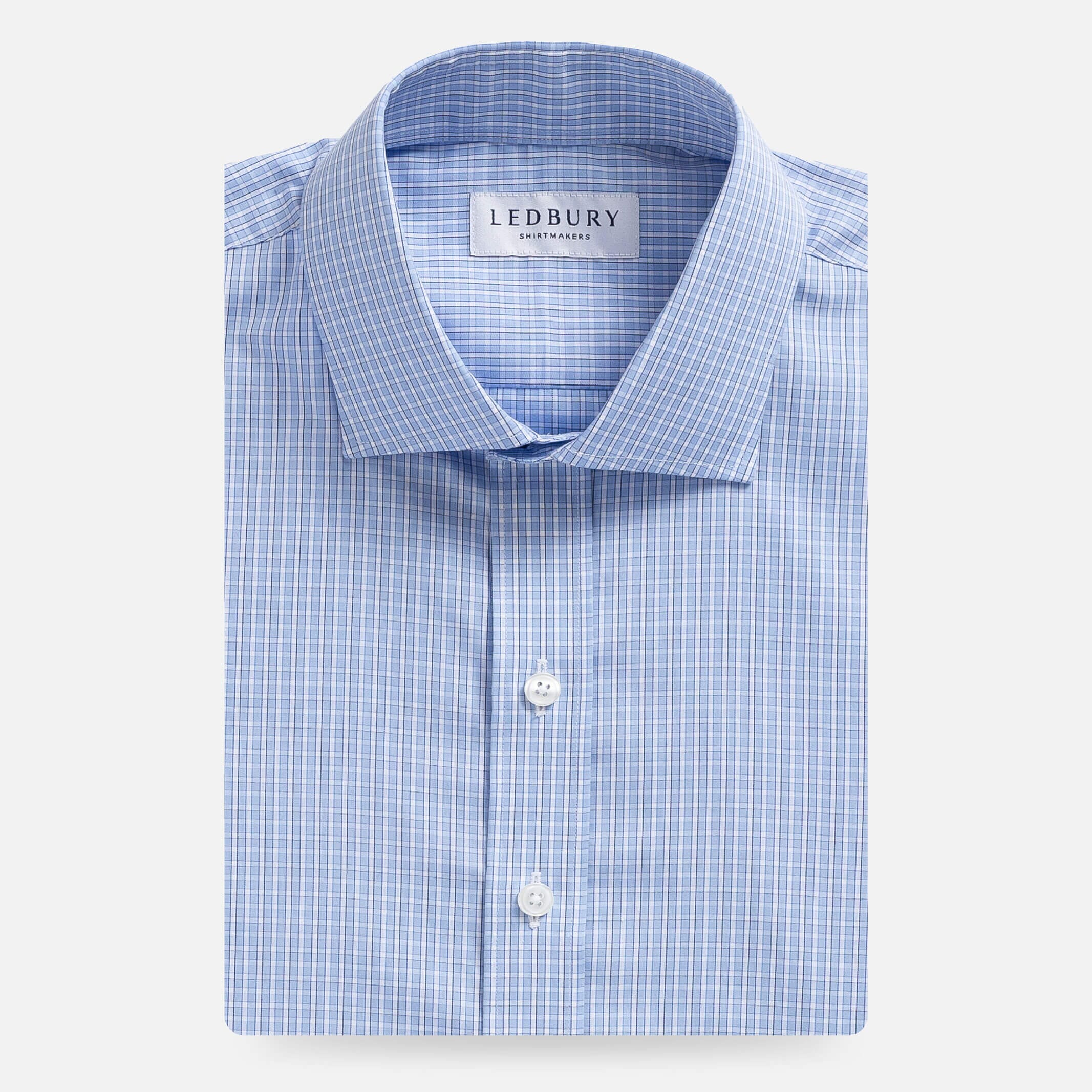 Sky blue check dress shirt flat lay - Kent micro-twill custom fit