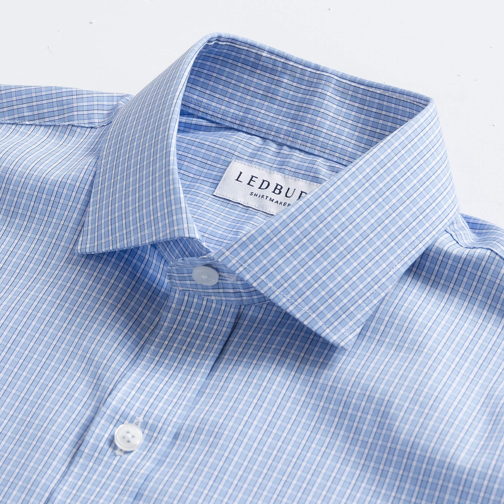 Sky blue dress shirt collar with check pattern - Kent micro-twill detail