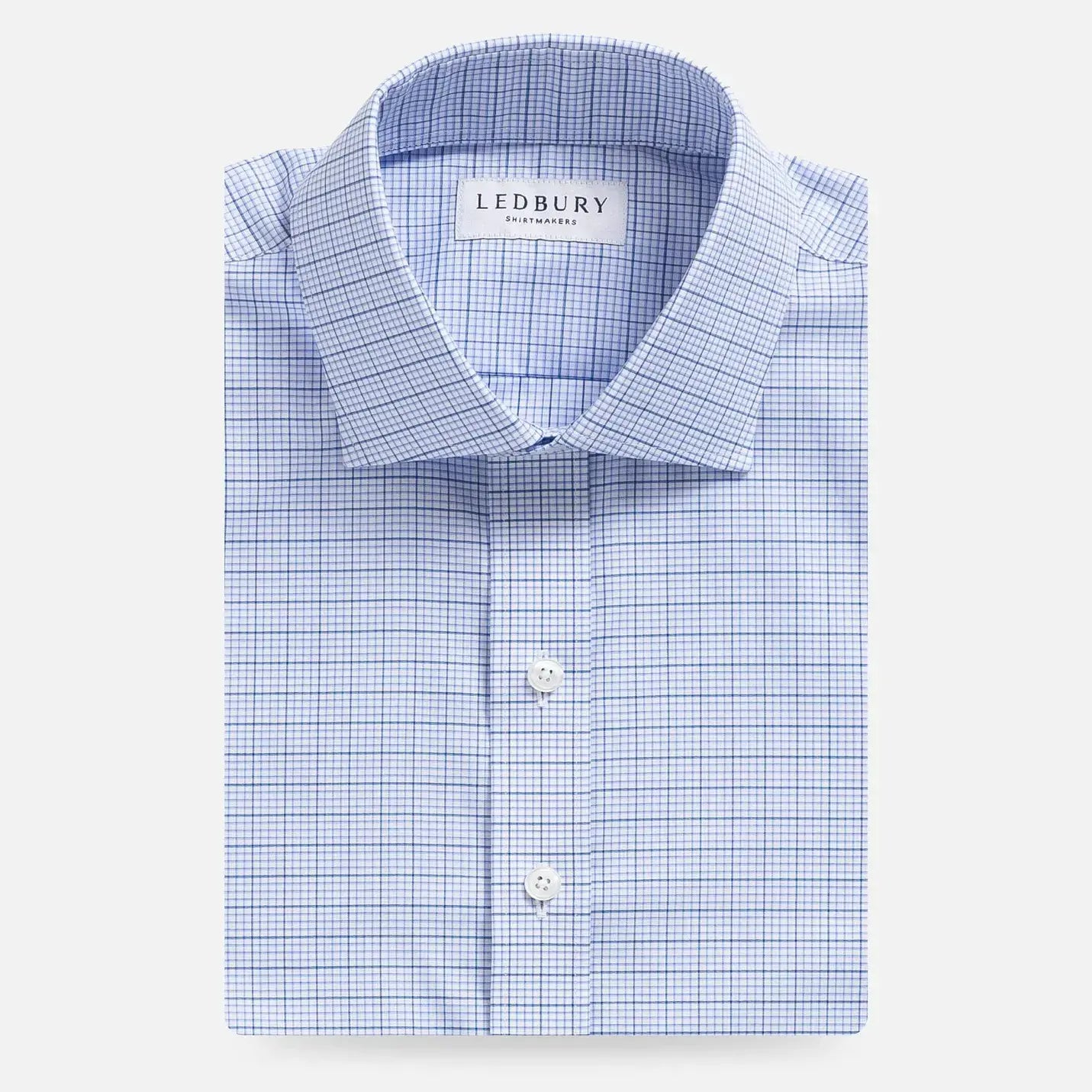 Blue windowpane dress shirt flat lay - Kent micro-twill custom fit