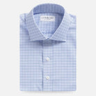 Blue windowpane dress shirt flat lay - Kent micro-twill custom fit