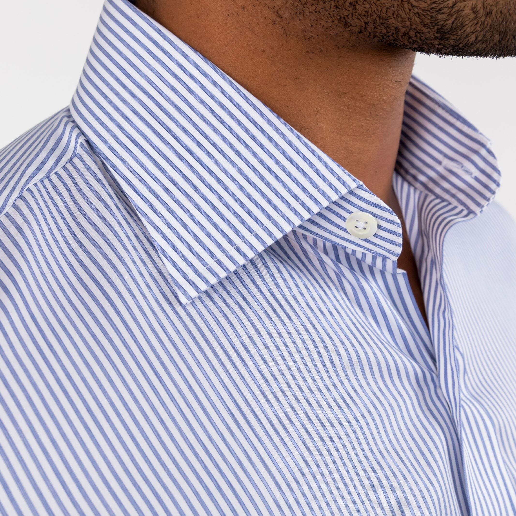 Man wearing navy stripe dress shirt - Kent micro-twill business shirt