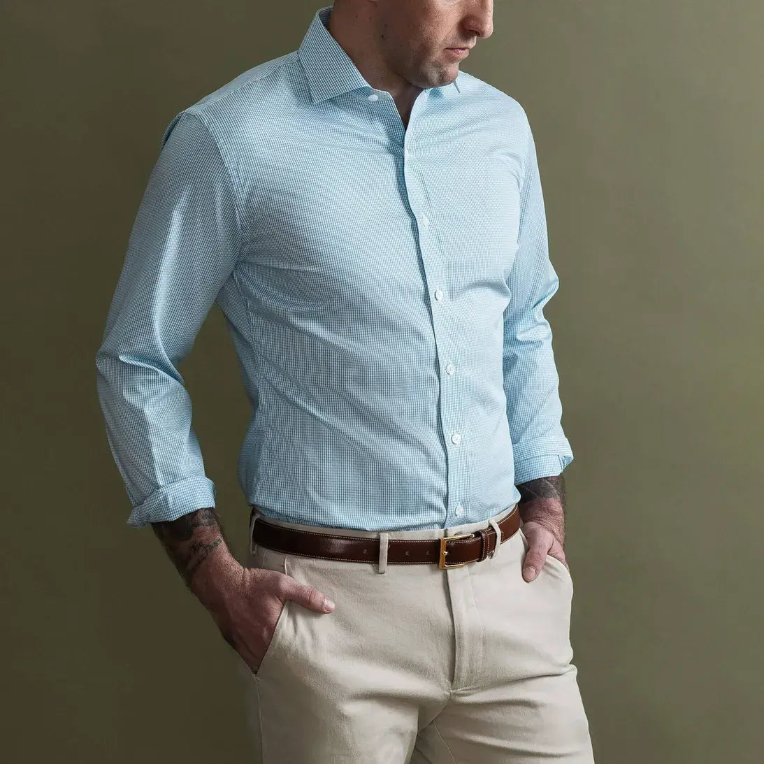 Man wearing green micro check dress shirt - Kent micro-twill business shirt