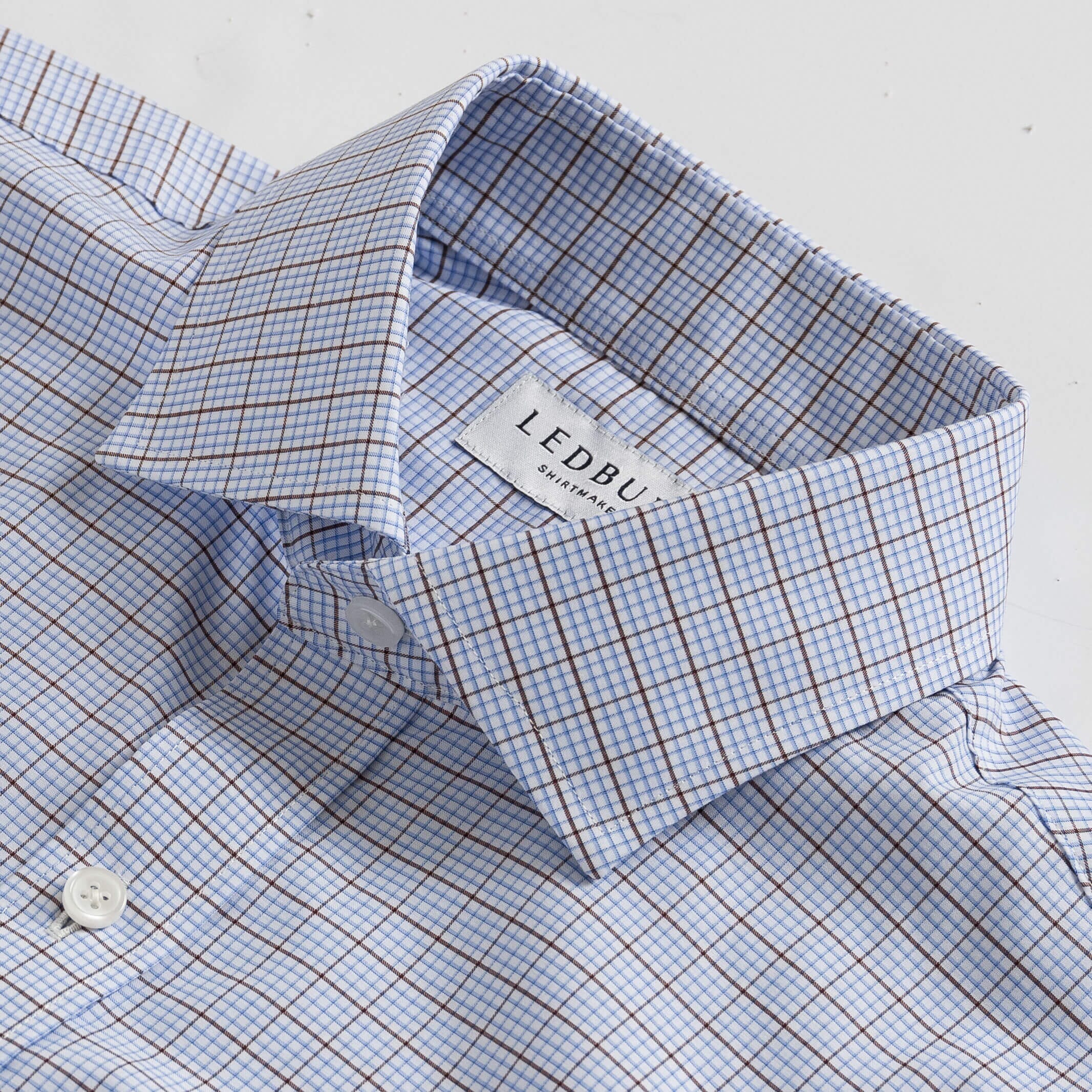 Brown dress shirt collar with windowpane pattern - Kent micro-twill detail