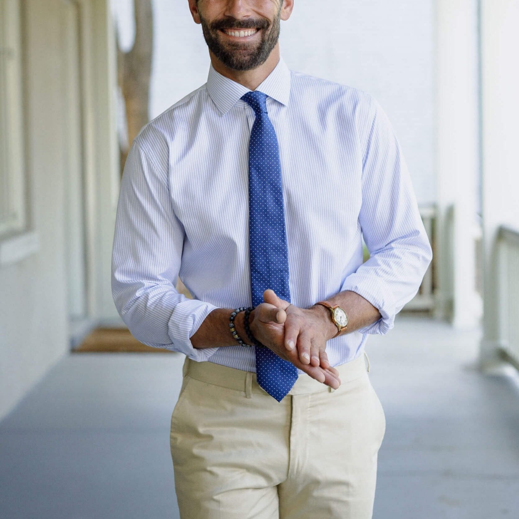 Man wearing blue stripe dress shirt - Kent micro-twill business shirt