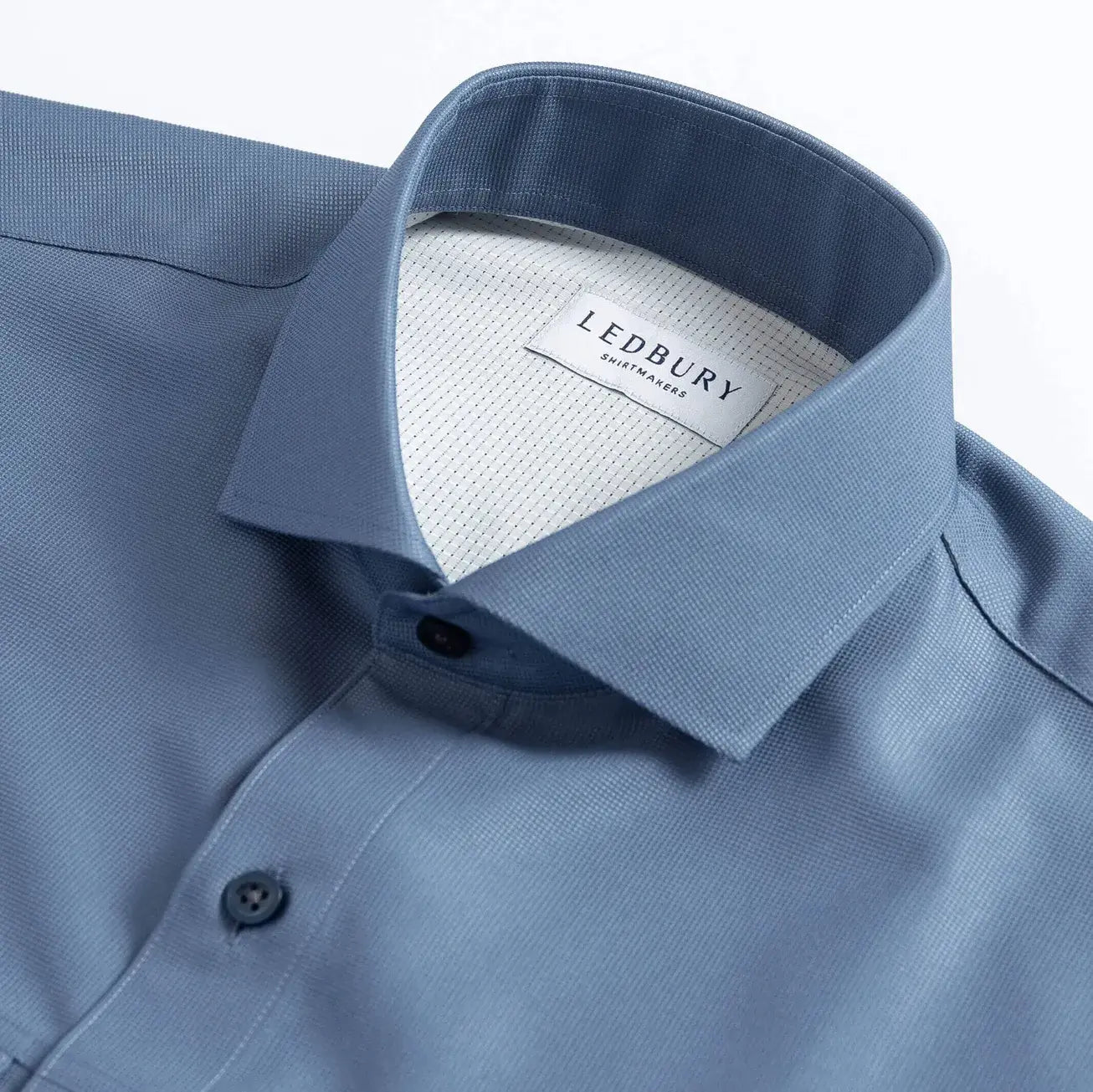 Blue Tulu fishing shirt collar detail view - Ledbury performance shirt construction