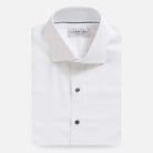 Custom dress shirt collar detail - Journey Flex navy check performance fabric construction