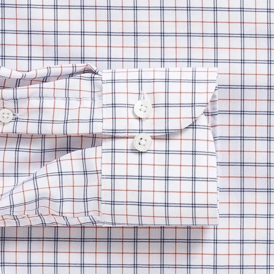 Orange windowpane performance dress shirt cuff and sleeve - Journey Flex stretch fabric tailoring