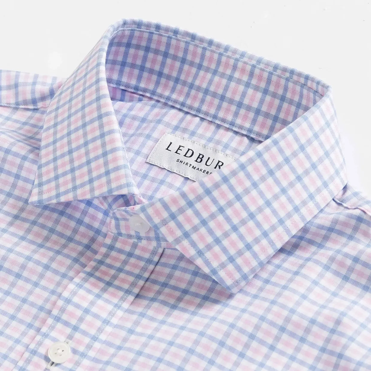 Custom dress shirt collar detail - Journey Flex pink tattersall performance fabric construction
