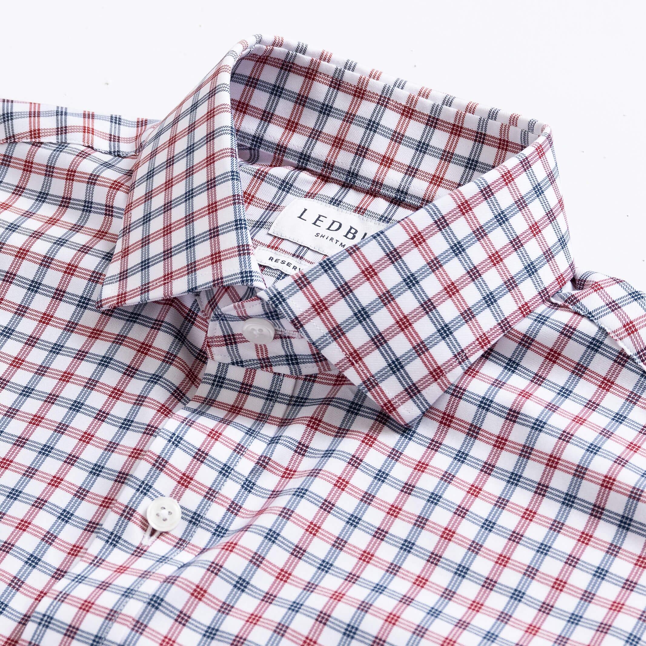Custom dress shirt collar detail - Journey Flex brick red check performance fabric construction