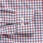 Brick red check performance dress shirt cuff and sleeve - Journey Flex stretch fabric tailoring