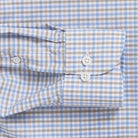 Light blue tattersall performance dress shirt cuff and sleeve - Journey Flex stretch fabric tailoring