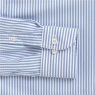 Blue stripe performance dress shirt cuff and sleeve - Journey Flex stretch fabric tailoring