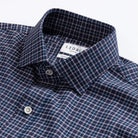 Custom dress shirt collar detail - Journey Flex navy check performance fabric construction