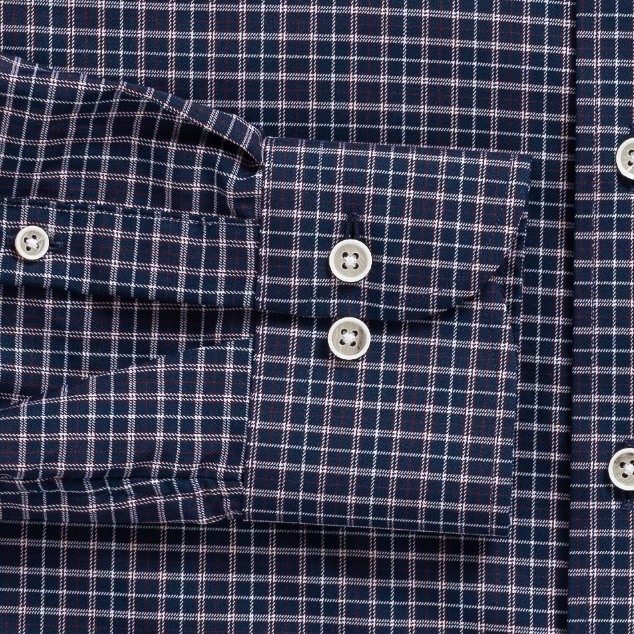 Navy check performance dress shirt cuff and sleeve - Journey Flex stretch fabric tailoring