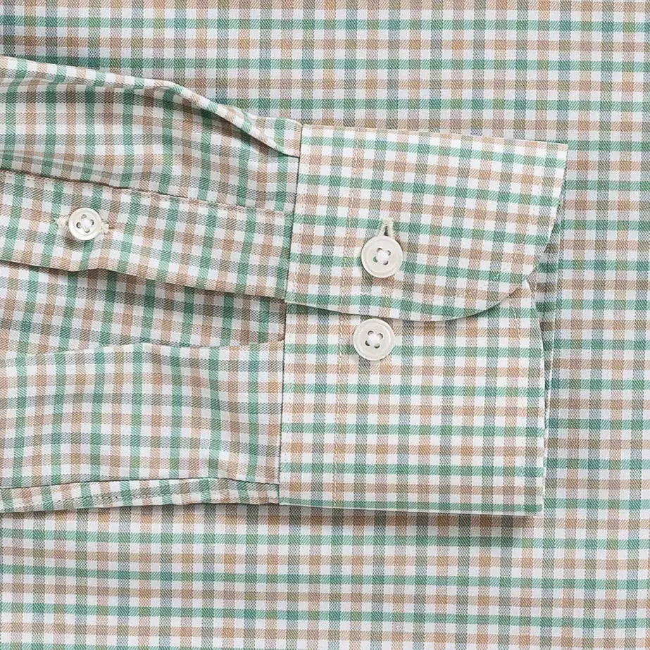 Green tattersall performance dress shirt cuff and sleeve - Journey Flex stretch fabric tailoring
