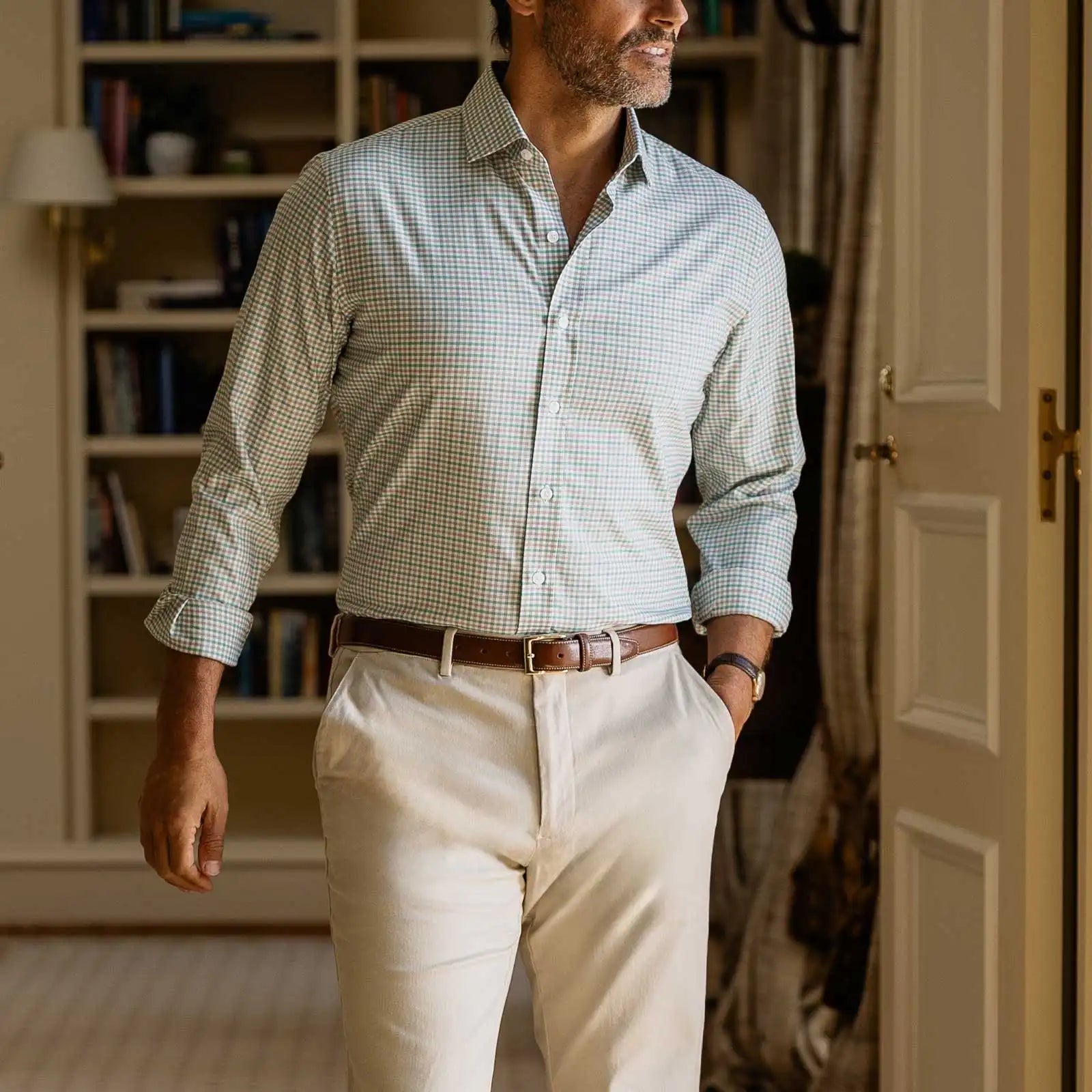 Man wearing green tattersall Journey Flex dress shirt - wrinkle-free performance fabric