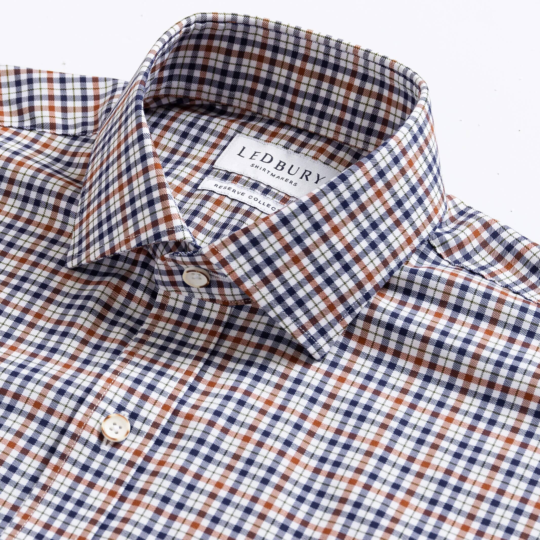 Custom dress shirt collar detail - Journey Flex sienna check performance fabric construction