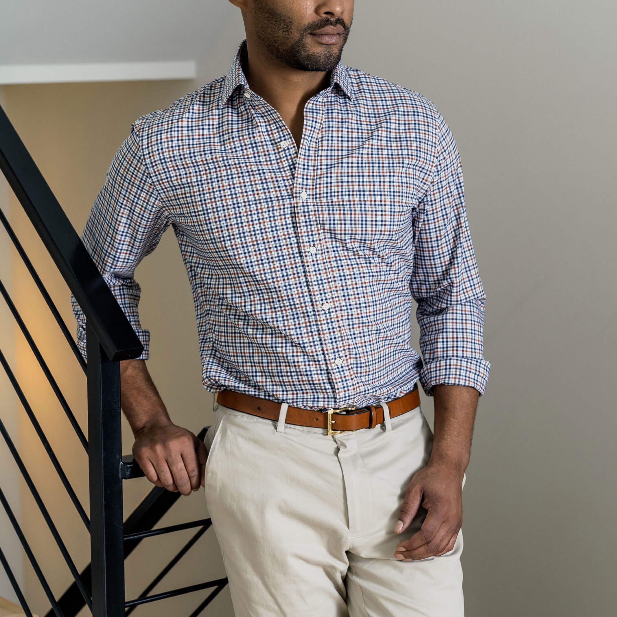 Man wearing sienna Journey Flex performance check dress shirt - wrinkle-resistant stretch fabric