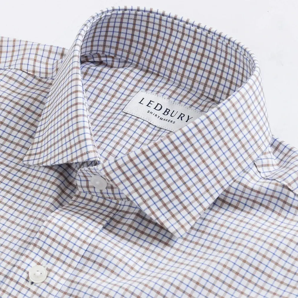 Custom dress shirt collar detail - Journey Flex brown grid check performance fabric construction