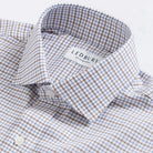 Custom dress shirt collar detail - Journey Flex brown grid check performance fabric construction