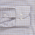 Brown grid check performance dress shirt cuff and sleeve - Journey Flex stretch fabric tailoring
