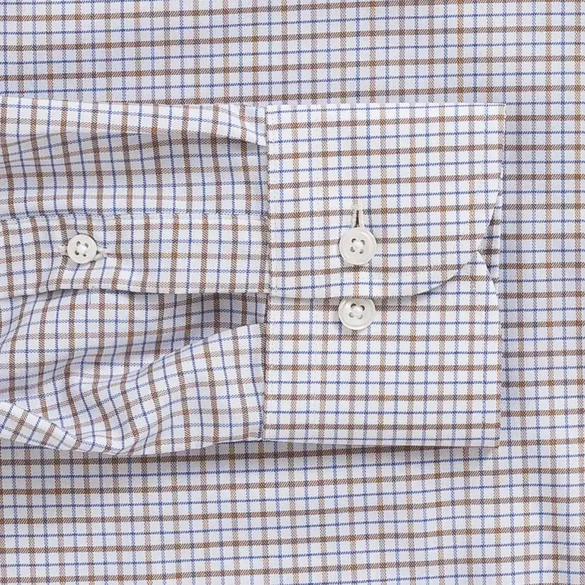 Brown grid check performance dress shirt cuff and sleeve - Journey Flex stretch fabric tailoring