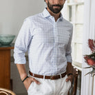 Man wearing sky blue plaid dress shirt - Ledbury Ellis custom fit