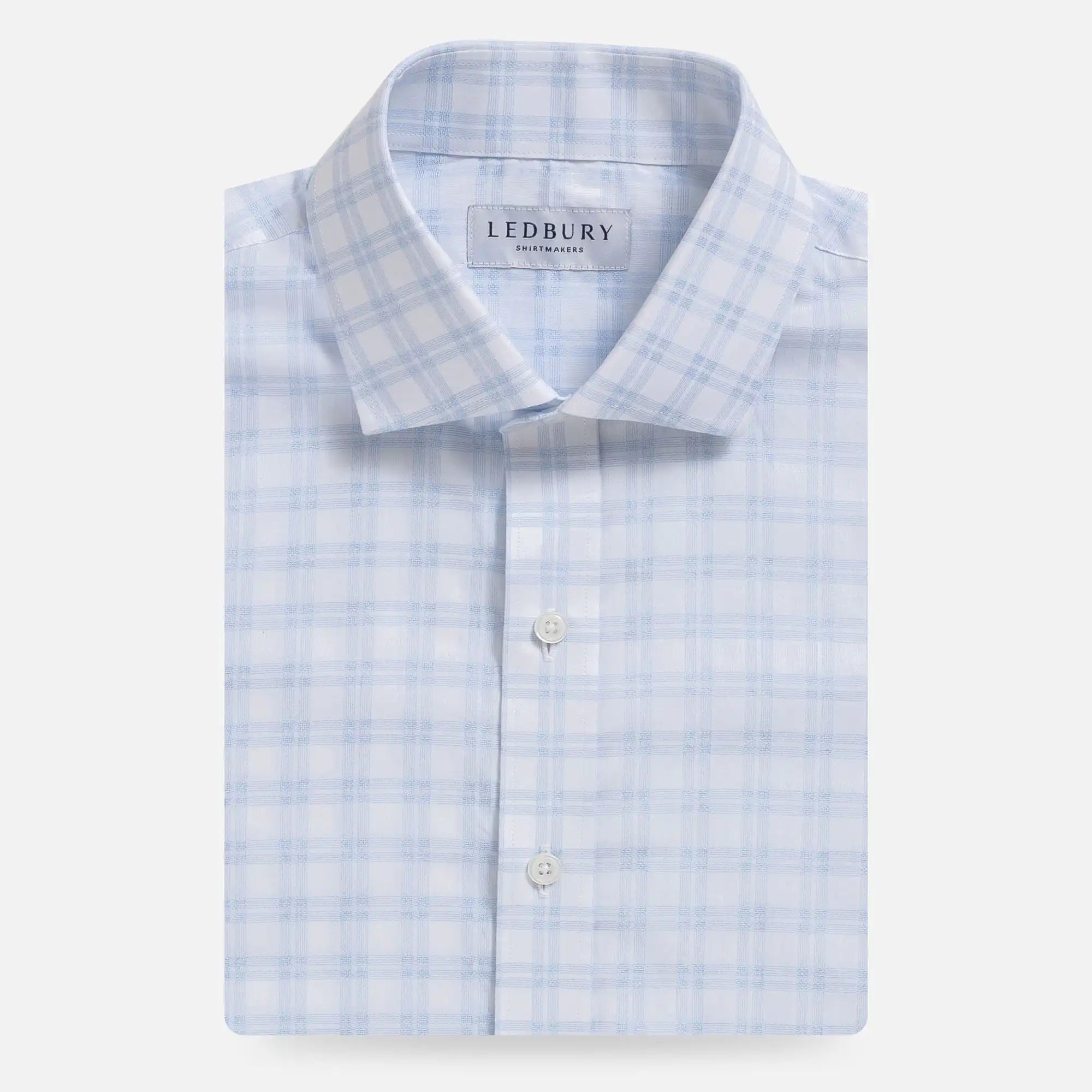 Sky blue Ellis plaid dress shirt front view - basket weave custom shirt